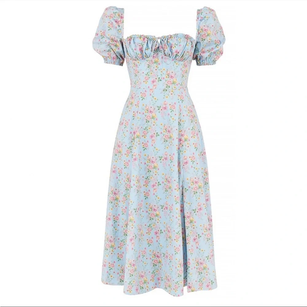 House of CB Tallulah Blue Vintage Floral Puff Sleeve Midi Dress NWT - Picture 5 of 10